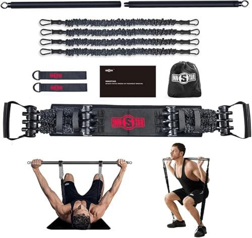 INNSTAR Portable Home Gym, Verstellbares Widerstandsband mit Stange und Kniebeugen-Bändern für Heimtraining, Bankdrücken Brusttrainer Resistance Band Set für Brust, Arm, Beintraining (Men|200LBS)