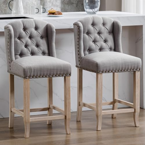 DUOMAY Tufted 26 Inch Counter Height Bar Stools Set of 2, Linen Fabric Counter Chairs with Back, Armless Barstools Breakfast Stools W/Solid Wood Legs for Kitchen Island Lounge Pub Bar, Grey