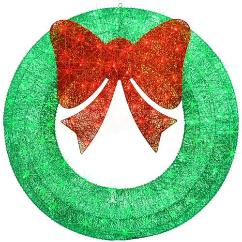 48in Outdoor Christmas Wreath Decoration - Large Lighted Christmas Wreath Outdoor Pre-Lit LED Metal Holiday Decor for Home Exterior and Garden with 140 Lights, Extension Cable, Festive Bow - Green