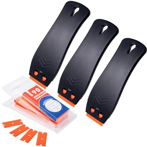 FOSHIO 3Stück Kunststoff Schaber mit Großer Griff mit 270 Kunststoffklingen, Plastik Schaber für Vinyl Aufkleber Sticker entfernen Glas und Fenster, klebereste entferner