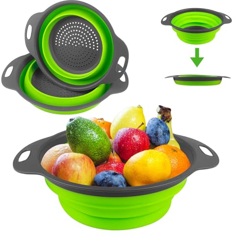 Newpop 2 Pezzi Scolapasta Pieghevole, 2 Dimensioni Colapasta Silicone Pieghevole, Facile da Pulire Lavandino del Silicone Colander per Scolare Pasta, Verdura e Frutta (Verde 25+29cm)