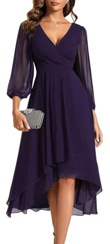 Ever-Pretty Robe de Soirée Femme A Line High Low Col V 3/4 Manches pour Mariage Chic Voilet Foncé 46