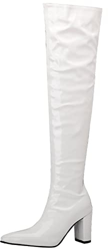 Gicoiz Mujer Puntiagudo Charol Botas Sobre La Rodilla Fiesta Warm Tacón Ancho Botas Moda Invierno Long Botín Riding Zapatos de Vestir Blanco Talla 37 EU-38Cn
