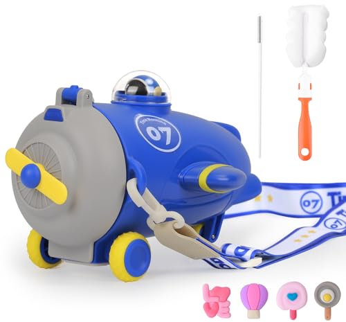 PHEENOWL 18oz Airplane Kids Water Bottle with Straw Shoulder Strap for Boys, Double Wall Plane Bottles BPA Free Child Drinking Water Bottle Leak-Proof Locking Flip Lid for School Sport Travel (Blue)