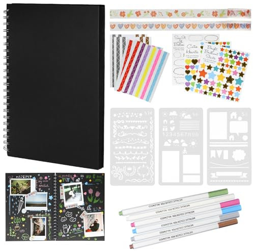 29x21cm Leeren DIY Scrapbook Spiralalbum, 100 Schwarze Seiten Fotoalben, Fotoalbum zum Selbstgestalten und Einkleben, Scrapbooking Set mit Stiften Schablonen Aufkleber Fotoecken für Abschluss Geschenk