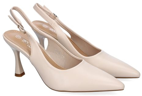 shoes&blues.es 89771 Zapato para Mujer, Estilo Salon, con Tacon, Puntera Fina, Talon Abierto y Hebilla Ajustable. Beige Talla 38