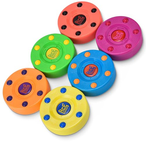 ACE HOCKEY Roller Hockey Pucks – 6-Pack, 3 Regulation Size – Indoor/Outdoor Practice for Asphalt, Concrete & Sport Court – Smooth Gliding Puck for Street, Inline & DEK Hockey – Bright Rainbow Colors