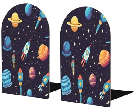 Mexpekil Book Ends Cartoon Space Rockets Planet Wood Bookends For Shelves Non-Slip Bookends Support 2 Pcs Heavy Duty Book Stopper Holder For Office Library School Kids Room