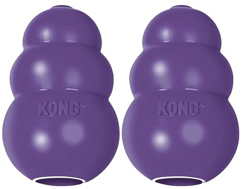 KONG Giocattolo per cani anziani, in gomma naturale, resistente, per cani anziani, da usare con dolcetti da masticare e da recuperare, per cani di taglia media (confezione da 2)