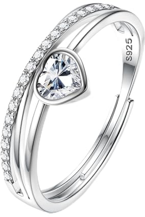JeweBella 925 Sterling Silver Ring for Women Adjustable Love Heart Birthstone Ring Cubic Zirconia Engagement Wedding Promise Thumb Rings Women Jewellery Gift for Girls Her
