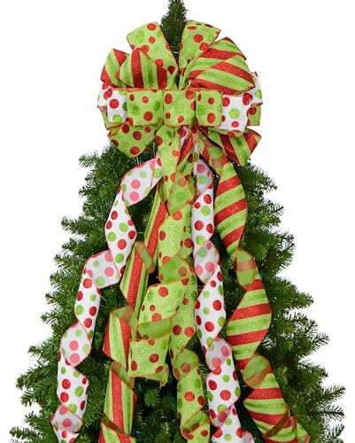 Joiedomi 114 cm x 33 cm stor julgransrosett med rosett, röd grön prickig julgransrosett för festdekorationer inomhus högtid träddekor, juldekorationer