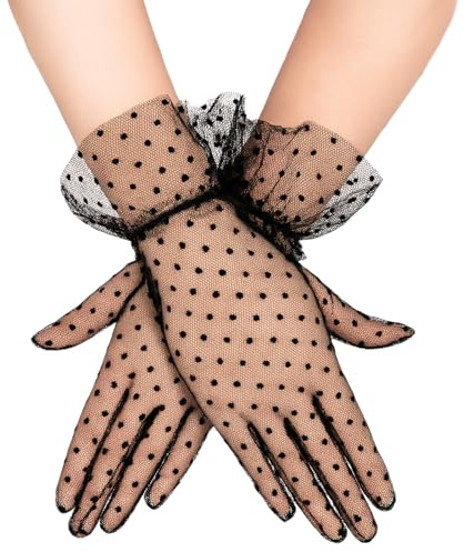 KinetiCore Women's Short Black Lace Gloves, Elegant Dot Mesh Satin Design for Bridal Wedding, Tea Party, Costume & Formal Events, One Size