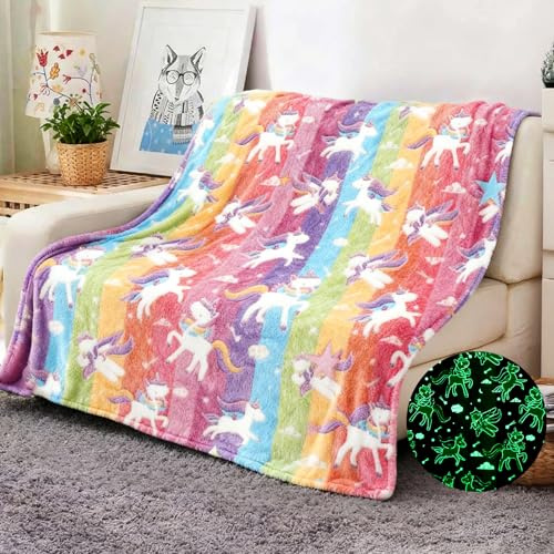 ZZXLOPEZ Manta para Niños, 130x170cm Manta de Unicornio Que Brilla en la Oscuridad, Regalo de Unicornio, Suave y Acogedora de Franela para Sofá, Regalo para Niños y Niñas de 2 a 12 Años(Colorida)