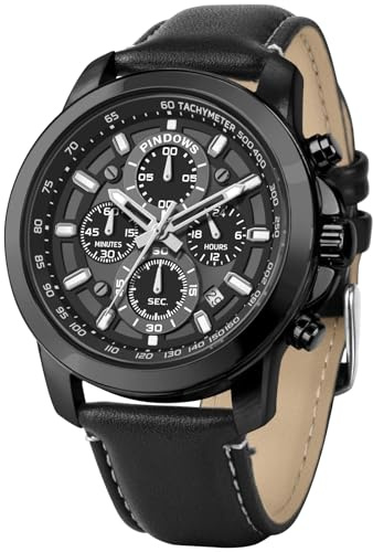PINDOWS Men's Chronograph Watch, Analogue Quartz with Leather Strap | Stainless steel case, luminous hands, date display and 30-metre splash resistance for business, casual and evening wear