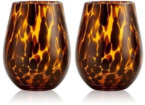 SiliFine Set of 2 Tortoise Shell Leopard Print Stemless Wine Glasses, 16oz Hand Blown Wine Glasses, Brown Glassware, Ideal Tumbler for Gin, Tequila, Gifts for Party