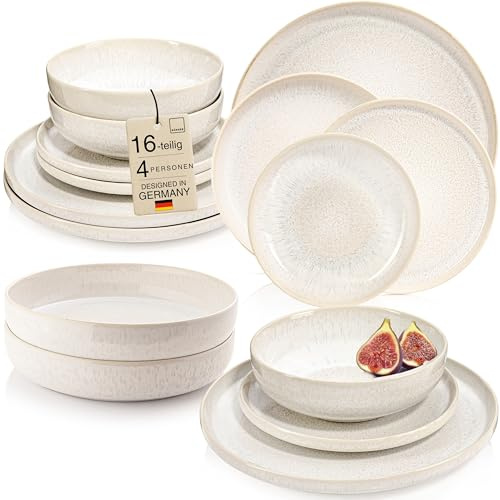 SÄNGER | Geschirrset Korfu 16 tlg, Tafelservice 4 Personen, Steingut Geschirr Handmade, Set inkl. Essteller Dessertteller Tiefe Teller Pastaschalen, Essgeschirr Creme Farben mit Sandiger Maserung