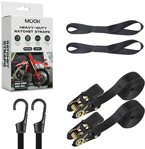 MOOK Heavy Duty Ratchet Straps – 2PCs endless ratchet straps, 2.5M x 25MM Tie Down Straps with 2 Soft Loops, 2 Bungee Cords – 250KG Load Capacity – Secure Cargo for Car, Kayak, Motorcycle – 06 PCs Set