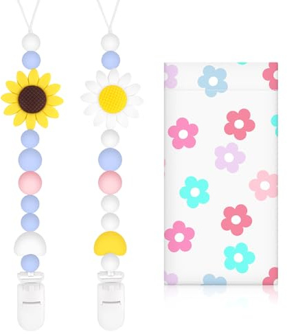 Bingtoo 2er Pack Baby Schnullerkette Silikon mit Sicherheitsclip, Pacifier Chain, Schnullerband für Jungen & Mädchen, Schnullerketten für Kinderwagen und Babytragen, Geschenk zur Geburt Mädchen