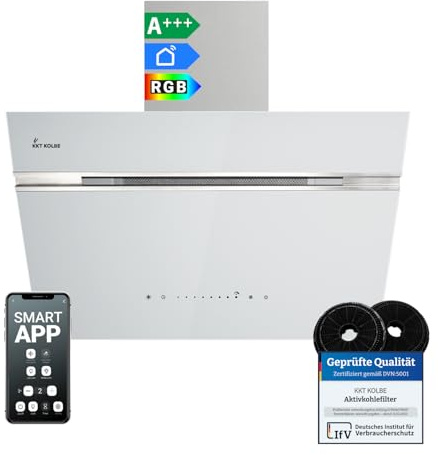 KKT KOLBE A+++ AURORA6005WED - Cappa aspirante da 60 cm, 782 cbm/h, senza testa, vetro bianco e argento, funzione di ripresa automatica, Smart WiFi, SensorTouch, illuminazione a LED RGBW