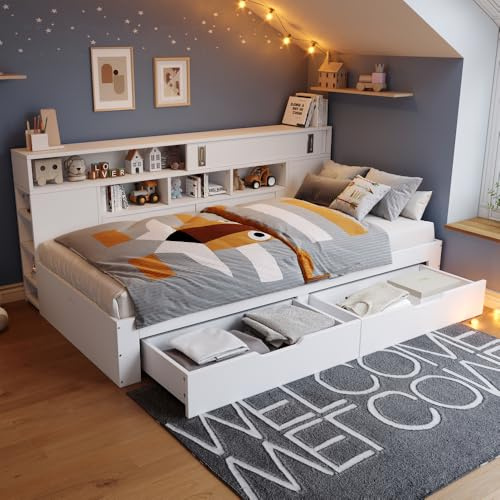 Wyibwy Cama infantil multifuncional 135 x 190 cm, cama individual con cajones, estante y armario, parque con espacio de almacenamiento, sin colchón, color blanco