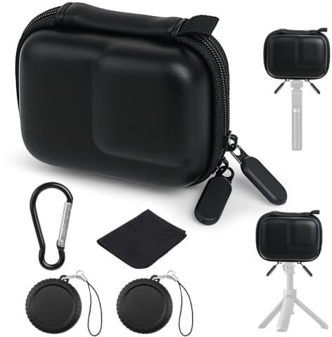 HOWAB Mini väska för DJI Osmo Action 6, svart skyddsväska liten | PU-hårt skal bärväska med 2 linslock och 1 karbinhake, kompatibel med DJI OSMO Action 5 Pro/4/3 och GoPro Hero 13/12