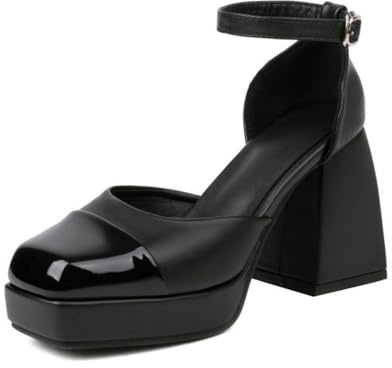 Generisch Donna Due Toni Punta Tonda Mary Jane Plateau Décolleté Punta Quadrata Tacco Grosso Blocco Caviglia Fibbia Mary Jane Festa Abito Scarpe,Nero,41 EU