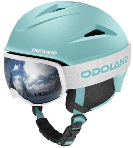 Odoland Snowboard Helmet, Ski Helmet with Ski Goggles for Adults, Durable PC Shell & EPS Foam, Safety Snow Helmets Goggles for Men Women Youth, Light Cyan, M