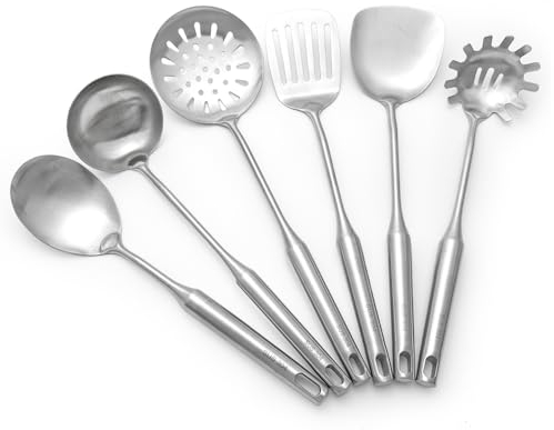 Lot de 6 ustensiles de cuisine en acier inoxydable 18/10 à long manche en métal, spatule, cuillère à soupe, pelle à fuite, cuillère à pâtes