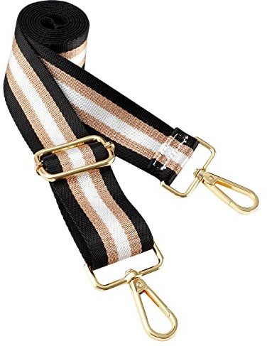 HuaJiao Adjustable Replacement Handbag Strap, Wide Shoulder Strap, Glitter Striped, Gold Buckle, 3.8cm, Black Gold White