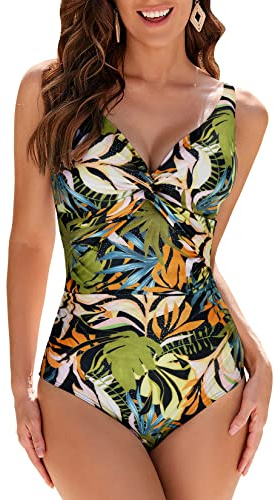 WIN.MAX Costumi da Bagno Interi per Donna Scollo a V Costume Intero Donna con Controllo della Pancia Monokini con arricciature, per Coppe da D a G (Foglie Tropicali,EU42)