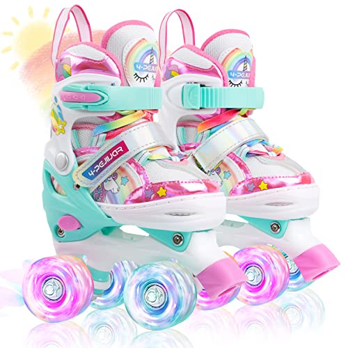 Kinder Einhorn Rollschuhe für Mädchen.Geeignet für 3-6 Jahre alt. Mit Leuchtenden Rädern,4-Pejiijar Verstellbar Anfänger Quad Roller Skates für Weihnachts und Geburtstags Geschenke