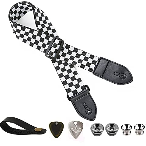 BetterJonny Gitarrengurt, Verstellbarer Gitarren-Gurt Gitarrenband Guitar Strap mit Lederenden Plektrum Knöpfe Gitarrenhals Gurt für E-Gitarre Akustikgitarre Bass Schachbrettgitter