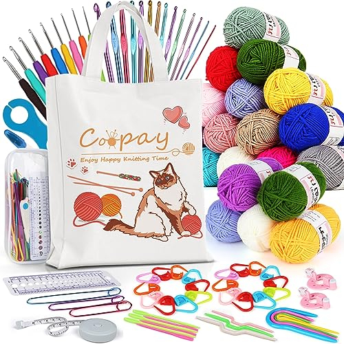 Coopay 86-Piece Crochet Set for Beginners, Set with 20 Wool Balls, Bag, Crochet Accessories, 2.0–10 mm Crochet Hooks, Beautiful Linen Bag, Complete, Portable Crochet Set with Crocheting Wool