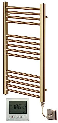 Greened House Electric Brushed Brass Straight Heated Towel Rail 500mm Wide x 800mm High Flat Towel Radiator + Timer and Thermostat