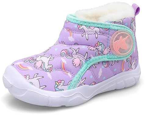 JIASUQI Boys Girls Fuzzy Winter Boots With Hook and Loop Toddler Warm Lightweight Wide Toe Snow Boots Shoes for Indoor Outdoor(PurpleHorse 24,7 UK)