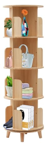 Roterbar bokhylla i massivt trä, 4 hyllor roterande hylla, trähylla med bordsfot, 360° mobil stående hylla, multifunktionell vägghylla (130 cm x 46 cm)