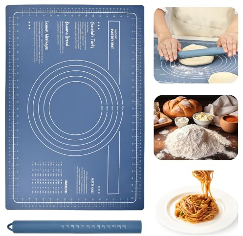MININUSI Rodillo de Cocina de Silicona Amasar Con Manija De Madera 26* Ø2.6cm Tapete De Silicona Antiadherente Tapete de Silicona Para Galletas Pizza Fondant, 60 x 40 Cm Azul, Superficie Antiadherente