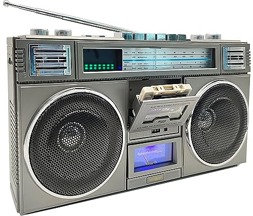 Boombox Vintage de los años 80, Reproductor de Casete, Radio y grabadora portátil, Compatible con USB/Micro SD/AUX, Radio Am/FM, parlantes de woofer duales de 30 W, batería incorporada de 12000 mAh,