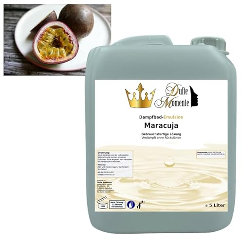 Dufte Momente | Dampfbad Emulsion 5 Liter Maracuja | geprüfte Qualität | mit naturreinen und natürlichen ätherischen Ölen | gebrauchsfertig | vegan und ohne Tierversuche