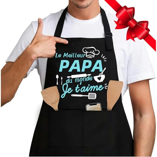 Jbniuay Pappas gåva - present till fars dag förkläde för pappa justerbara köksförkläden med 3 fickor vattentätt grillförkläde för pappa present till fars dag, svart, Hauteur : 73.66 cm, Largeur :