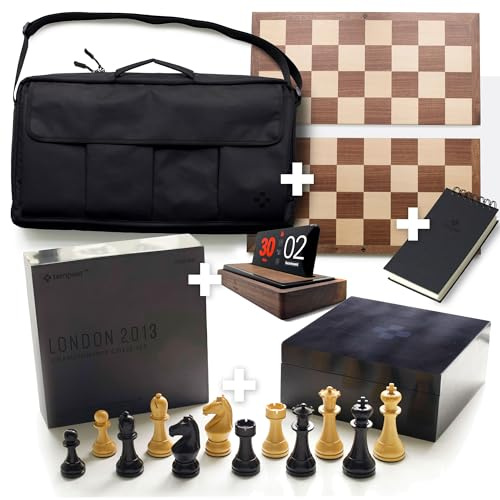 Tempest Chess Ensemble: Wooden Chess Set + Hardwood Portable Chess Board + Carry-All Bag + Storage Box + Scorebook + Optional Tempest Deluxe Chess Clock/Dock (London 2013 ULTIMATE Ensemble)