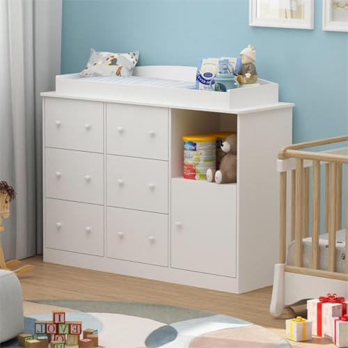DAWNSPACES Wickelkommode mit Wickelaufsatz,Wickeltisch,Babykommode mit 6 Schubladen+1Tür,Babymöbel,Ablagefläche, Aufbewahrung,für Babyzimmer,Schlafzimmer,weiß,136x47x100cm