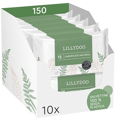 LILLYDOO Green Lot de 10 paquets de 150 lingettes humides naturelles 100% tissées sans plastique et sans parfum