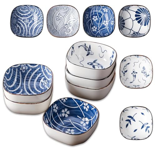 WANDGU Keramik Dipschalen Set 6er: Stapelbare Saucenschälchen, Ofen- und Mikrowellengeeignet für Sushi/Tapas/Nüsse (10cm Marineblau/Weiß)