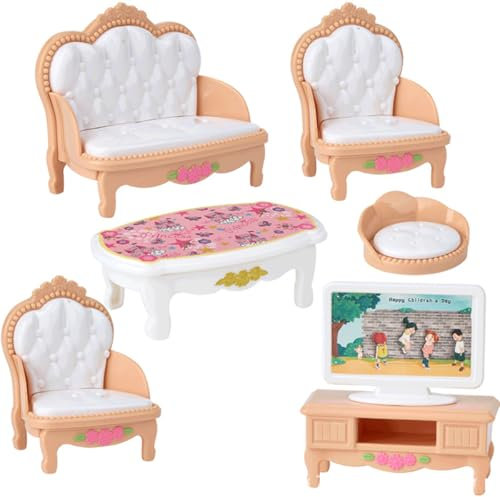 KARLOR Puppenhaus Möbel Set Wohnzimmer, 7 Pcs Miniatur Möbel Set, SOFE Sessel Tisch Fernsehen Kissen Couchtisch, Puppenhaus Zubehör Deko 1:12 Dollhouse Puppenmöbel（Wohnzimmer）