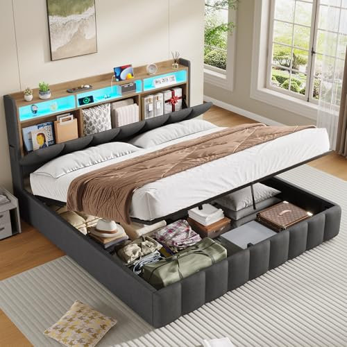 KIMENICH Bett mit LED Beleuchtung, Hydraulisches Bett, Polsterbett, Regalkopfteil mit Stauraum, Bettgestell mit Lattenrost, bequem, für Schlafzimmer, Gästezimmer (Grau, 180 X 200)