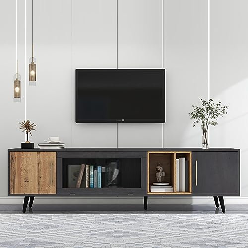 Fppuueg Mueble para TV de 200 cm, Soporte para TV de 90 Pulgadas con 2 Puertas, Armario Bajo con Puertas de Cristal Plegables y Espacio de Almacenamiento para Salón Dormitorio, Gris