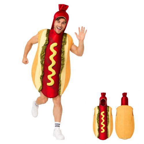 Joyincoser 3D Hotdog Costume Adult Men's Mascot Hot Dog One Piece Food Bun with Sausages Costume for Halloween Cosplay Carnival