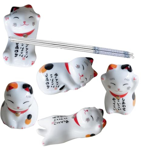SHOPSTICK POSTER | Ceramic Mignon Cat Bopsticks Rest Dinner Spoon Stand | Stand de vaisselle en porcelaine de style japonais | 5pcs Bopsticks ménagers Reposez les ornements pour baguettes, cuillères,