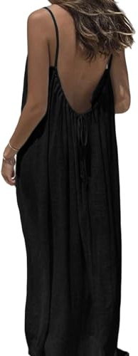 GFU Women's Summer Flowy Backless Cami Dress Adjustable Tie Back Vacation Sundress Spaghetti Strap Beach Maxi Dress Black